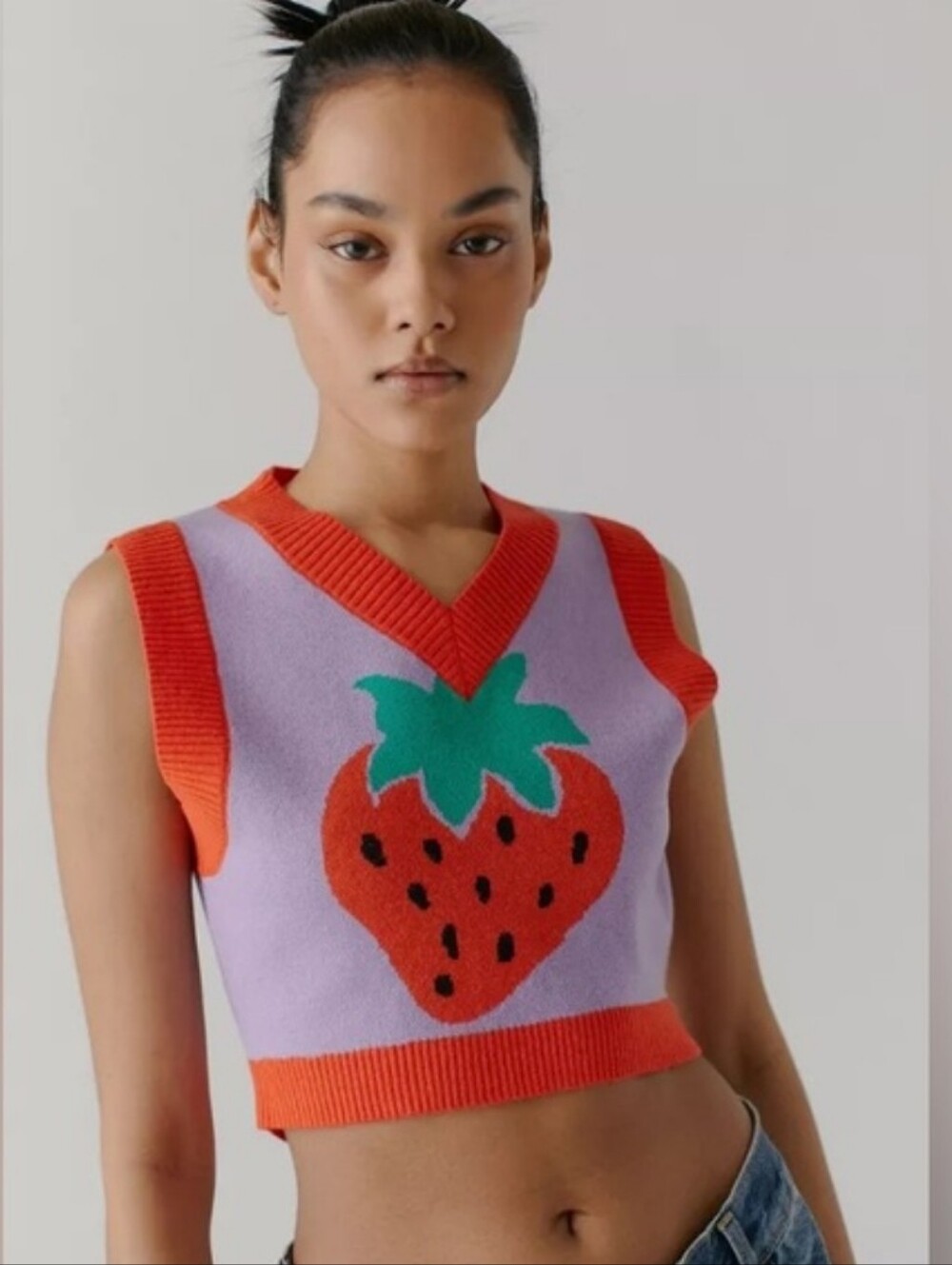 Urban Outfitters Randi Cropped Strawberry Sweater Vest Purple & Red  Clowncore S